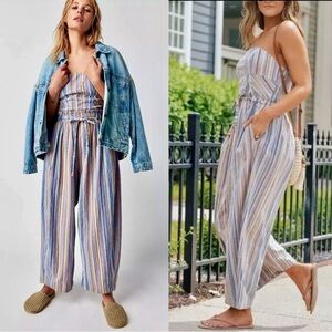 Free People Roaming Shores Strapless Striped Jumpsuit